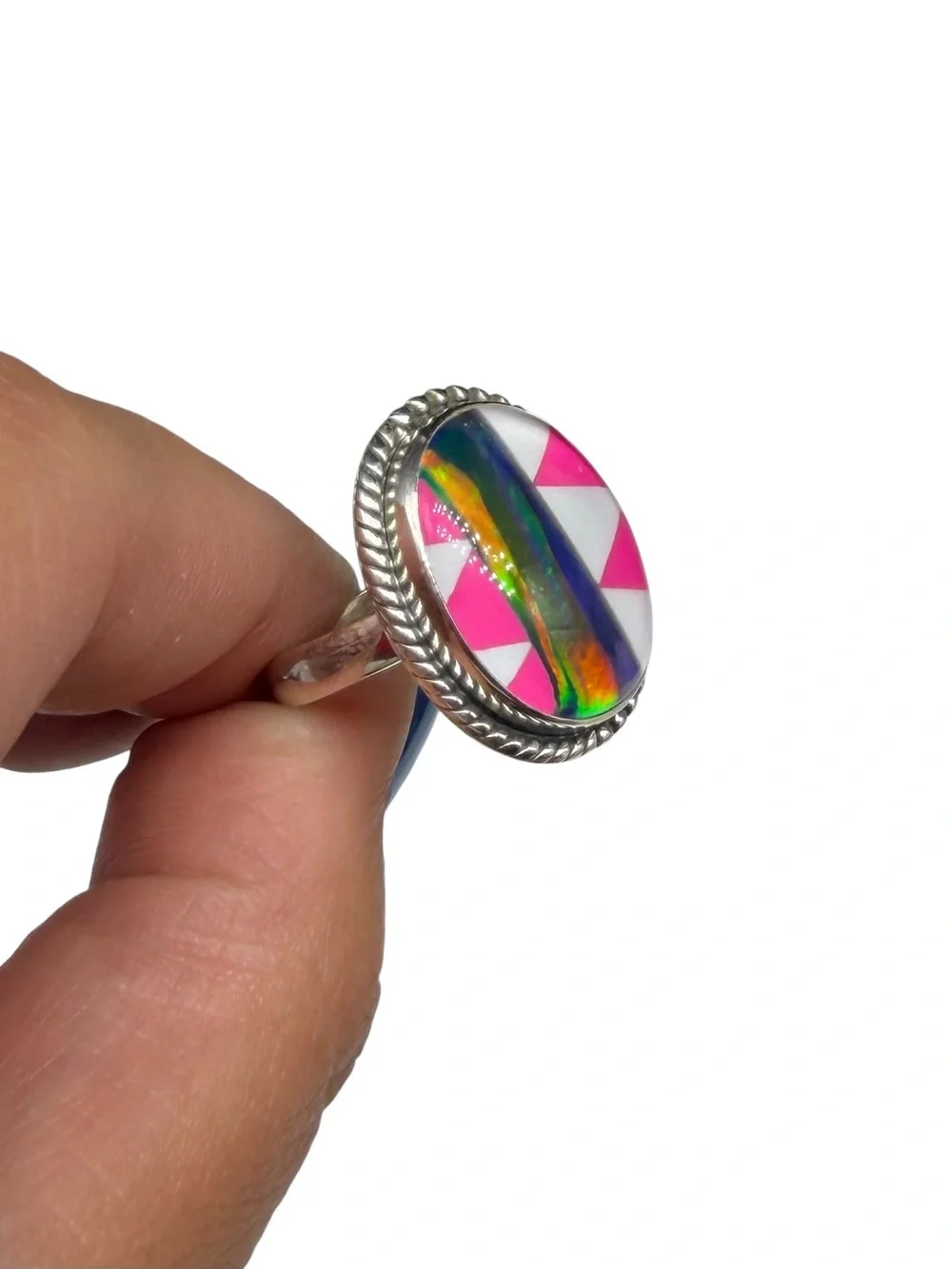 Aurora Fire Opal Stripe Ring Size 7.5 Solid 925 Sterling Silver Hot Pink White